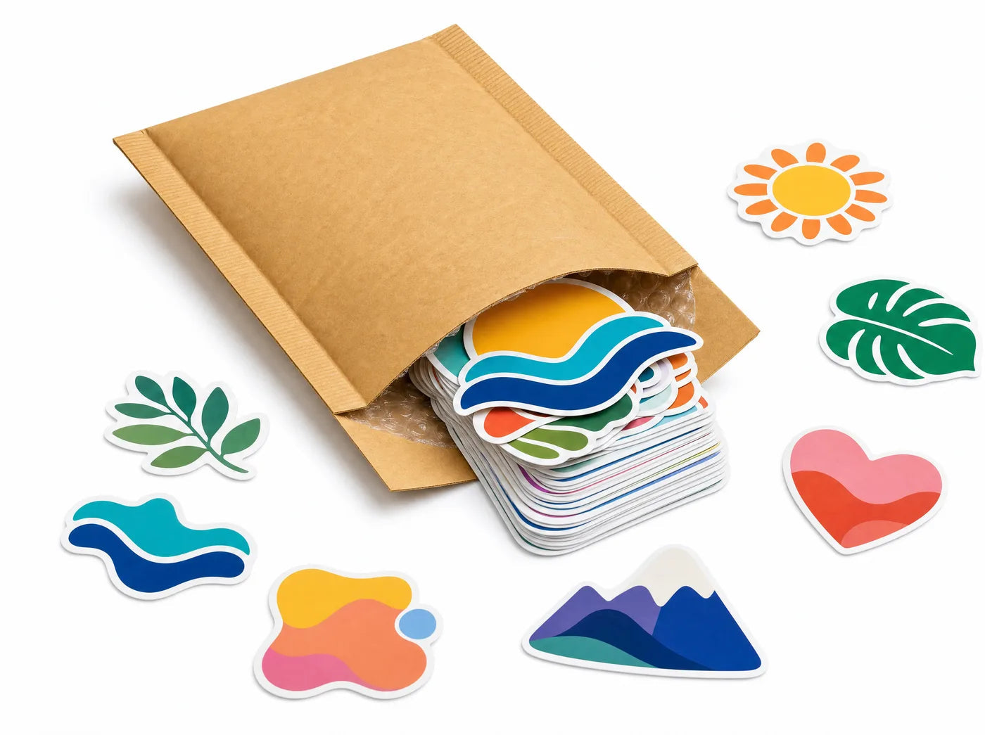 An open kraft mailer with a neat stack of colourful die-cut vinyl sticker samples sliding out