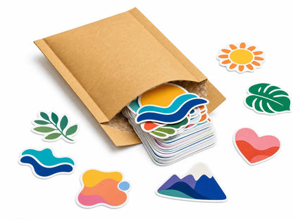 An open kraft mailer with a neat stack of colourful die-cut vinyl sticker samples sliding out