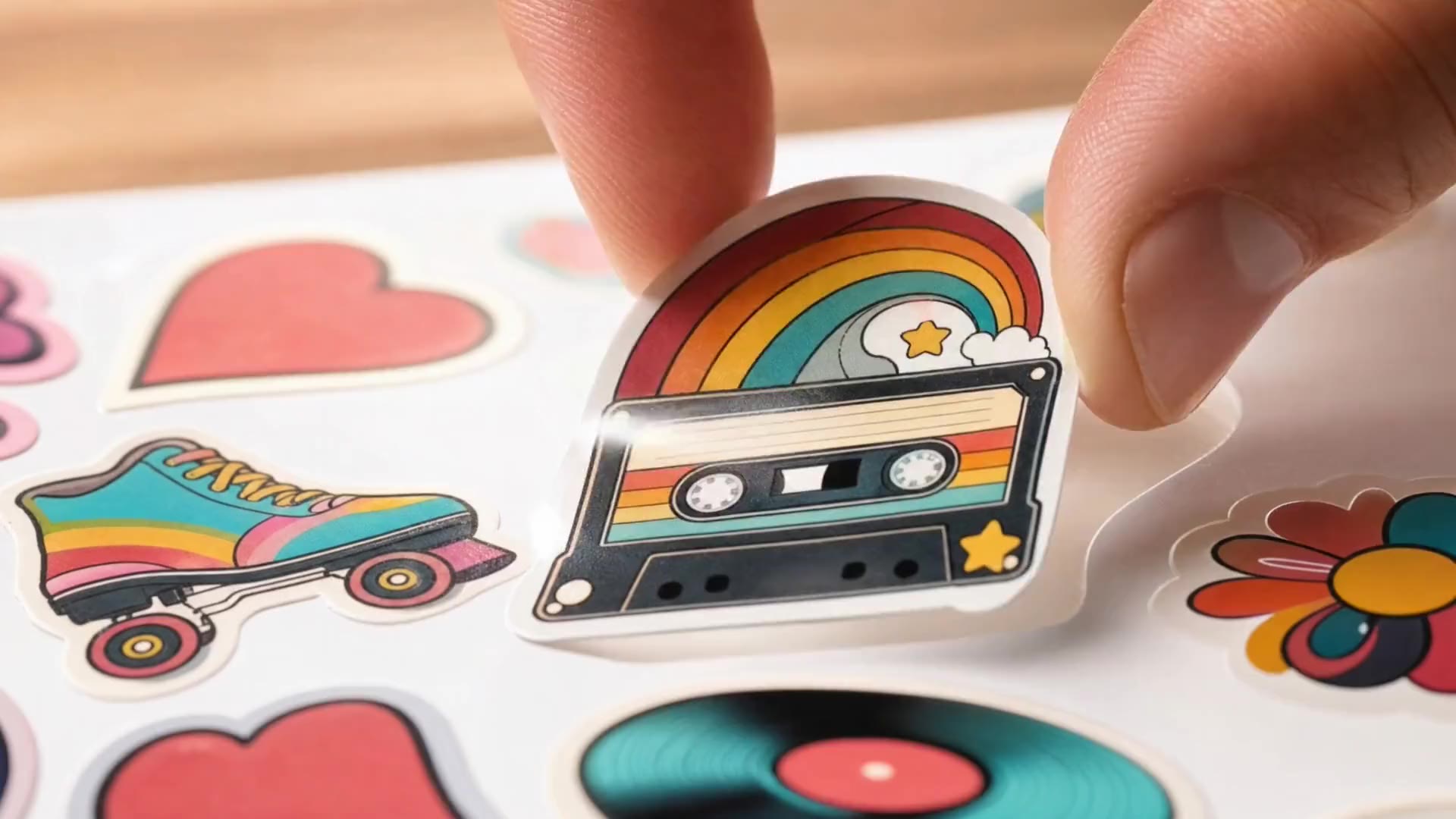 A hand peeling a retro cassette sticker off a sheet of custom vinyl stickers