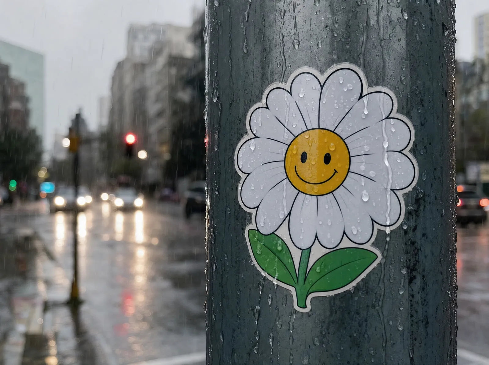 A custom sticker beaded with rainwater, colours still sharp