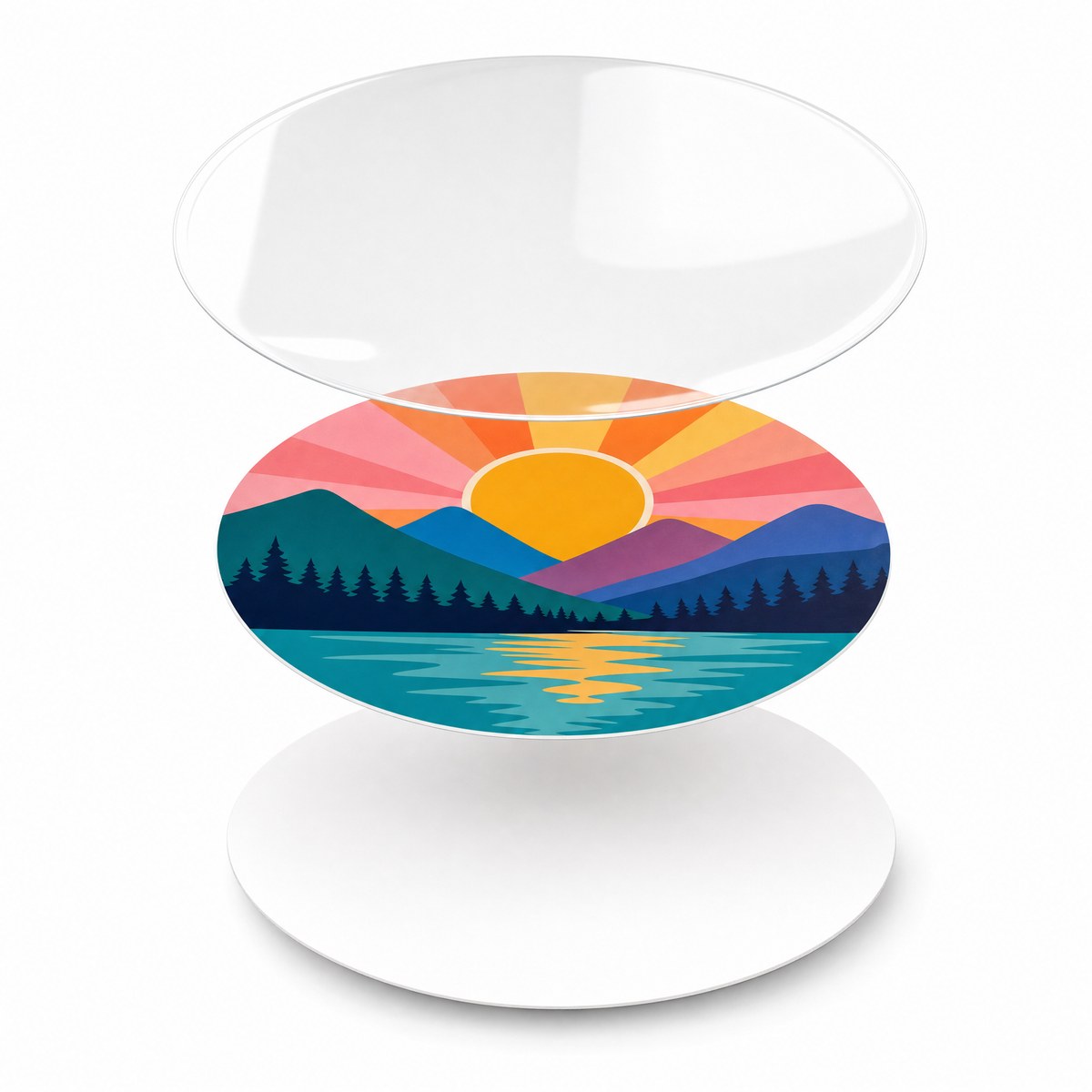 A custom sticker separated into its three layers — a clear laminate film on top, the full-colour print in the middle, and thick vinyl with adhesive on the bottom.